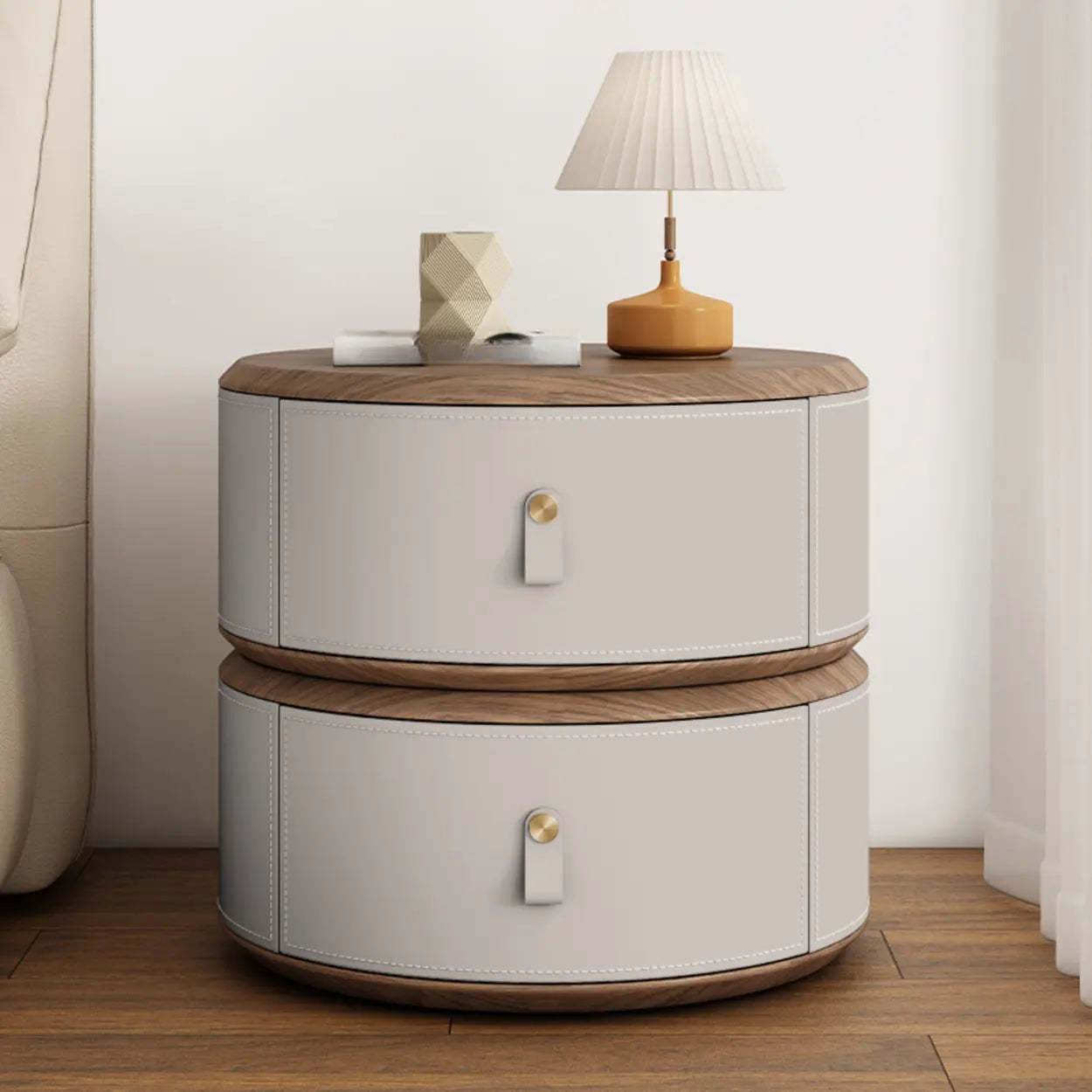 Modern Round Leather Nightstand with Wood Top — Khaki