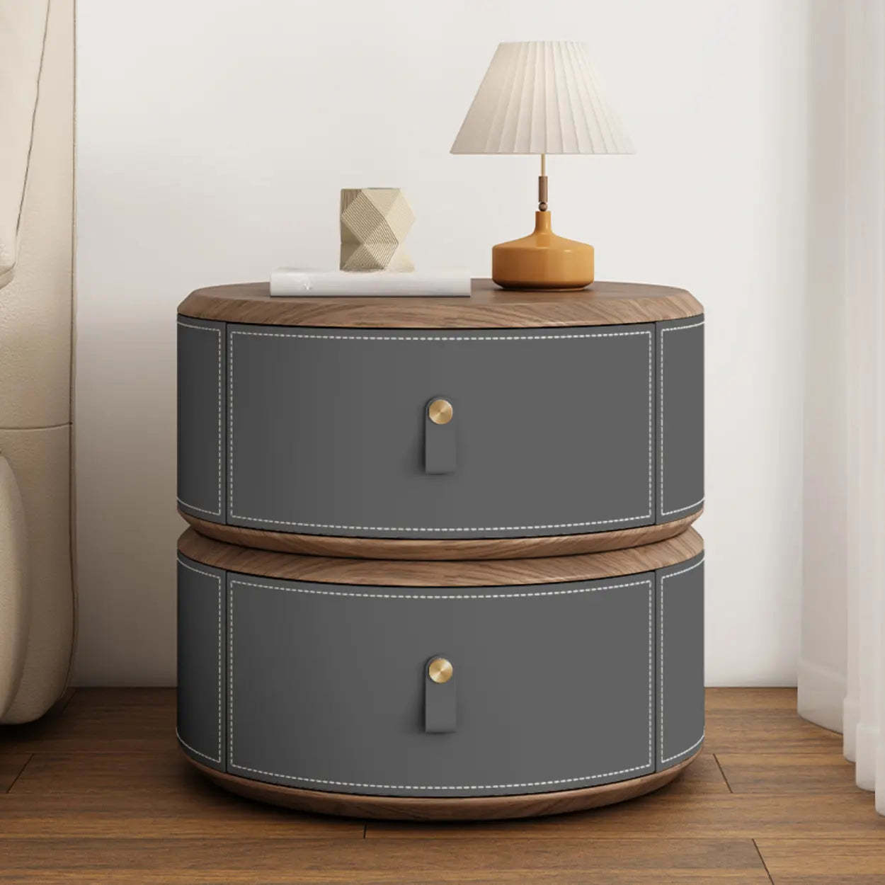 Modern Round Leather Nightstand with Wood Top — Light Gray/ Beige