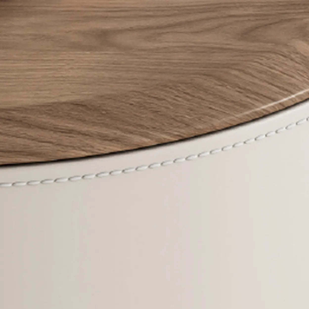 Modern Round Leather Nightstand with Wood Top — Off-White-Orange