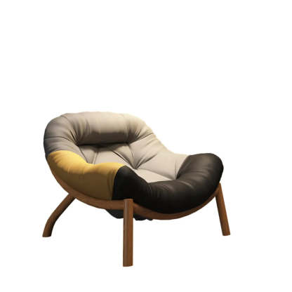 Modern Round Leather Tufted Back Lounge Chair — Green/ Black / Leather / Brown Wood