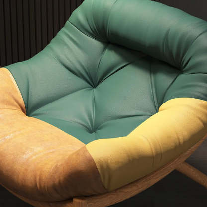 Modern Round Leather Tufted Back Lounge Chair — Green/ Yellow / Leather / Brown Wood