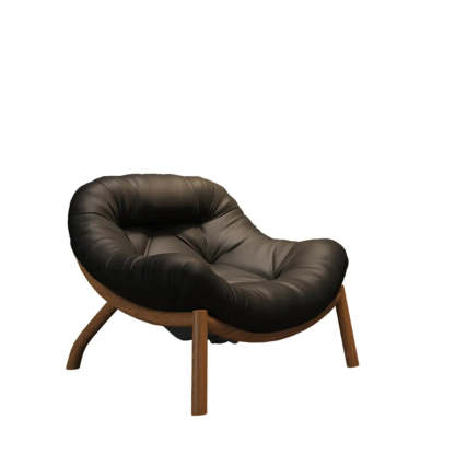 Modern Round Leather Tufted Back Lounge Chair — White/ Multicolor / Leather / Brown Wood