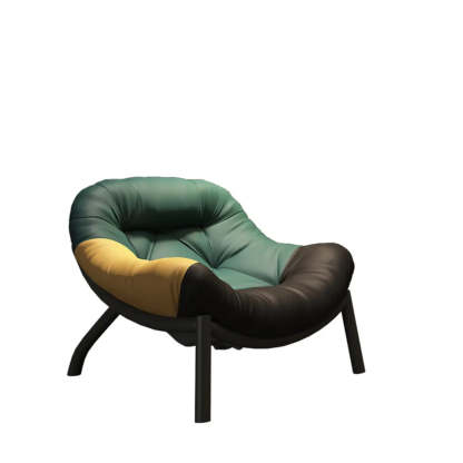 Modern Round Leather Tufted Back Lounge Chair — Light Gray / Leather / Brown Wood
