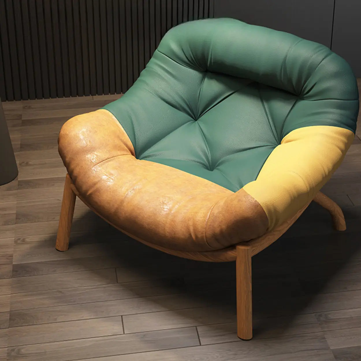 Modern Round Leather Tufted Back Lounge Chair — Off-White / Leather / Black