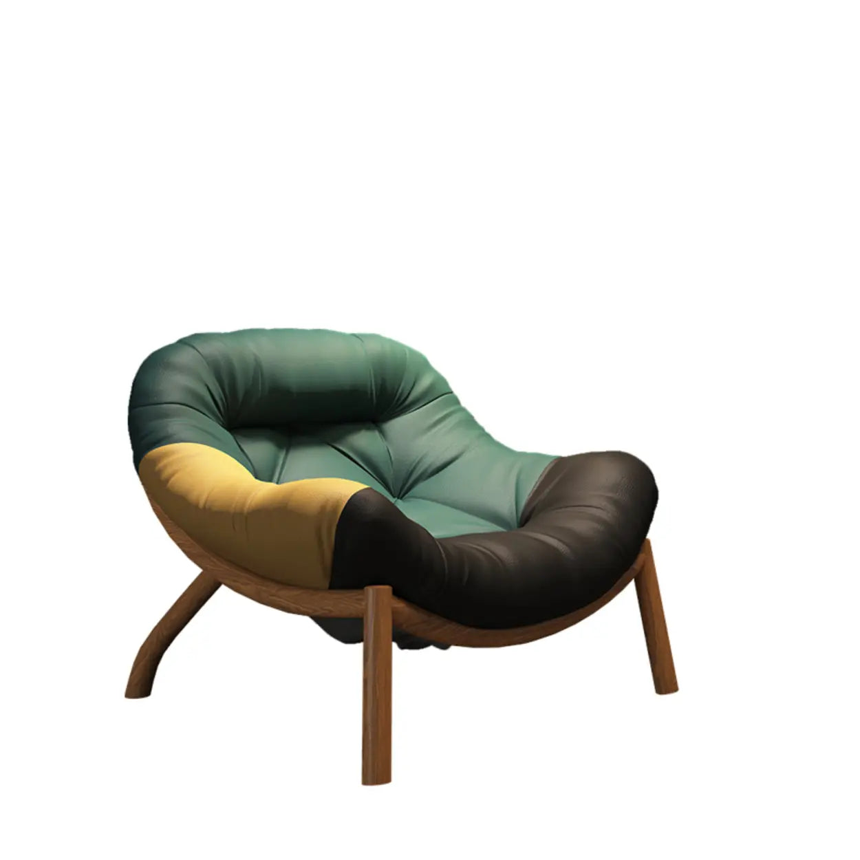 Modern Round Leather Tufted Back Lounge Chair — Off-White / Leather / Brown Wood