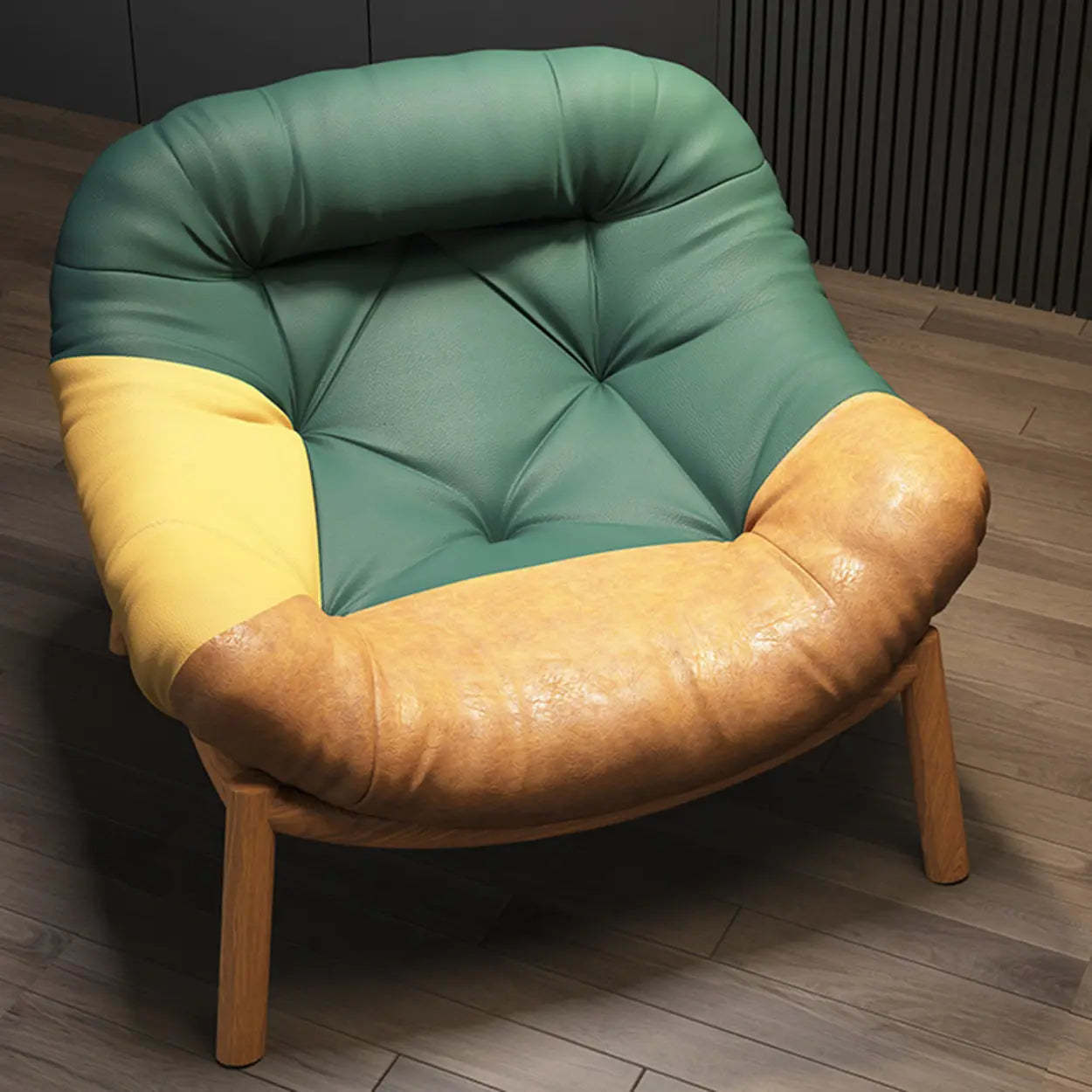 Modern Round Leather Tufted Back Lounge Chair — Yellow / Leather / Brown Wood