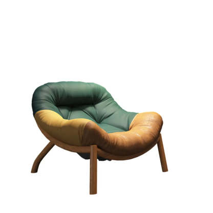 Modern Round Leather Tufted Back Lounge Chair — Green / Leather / Brown Wood