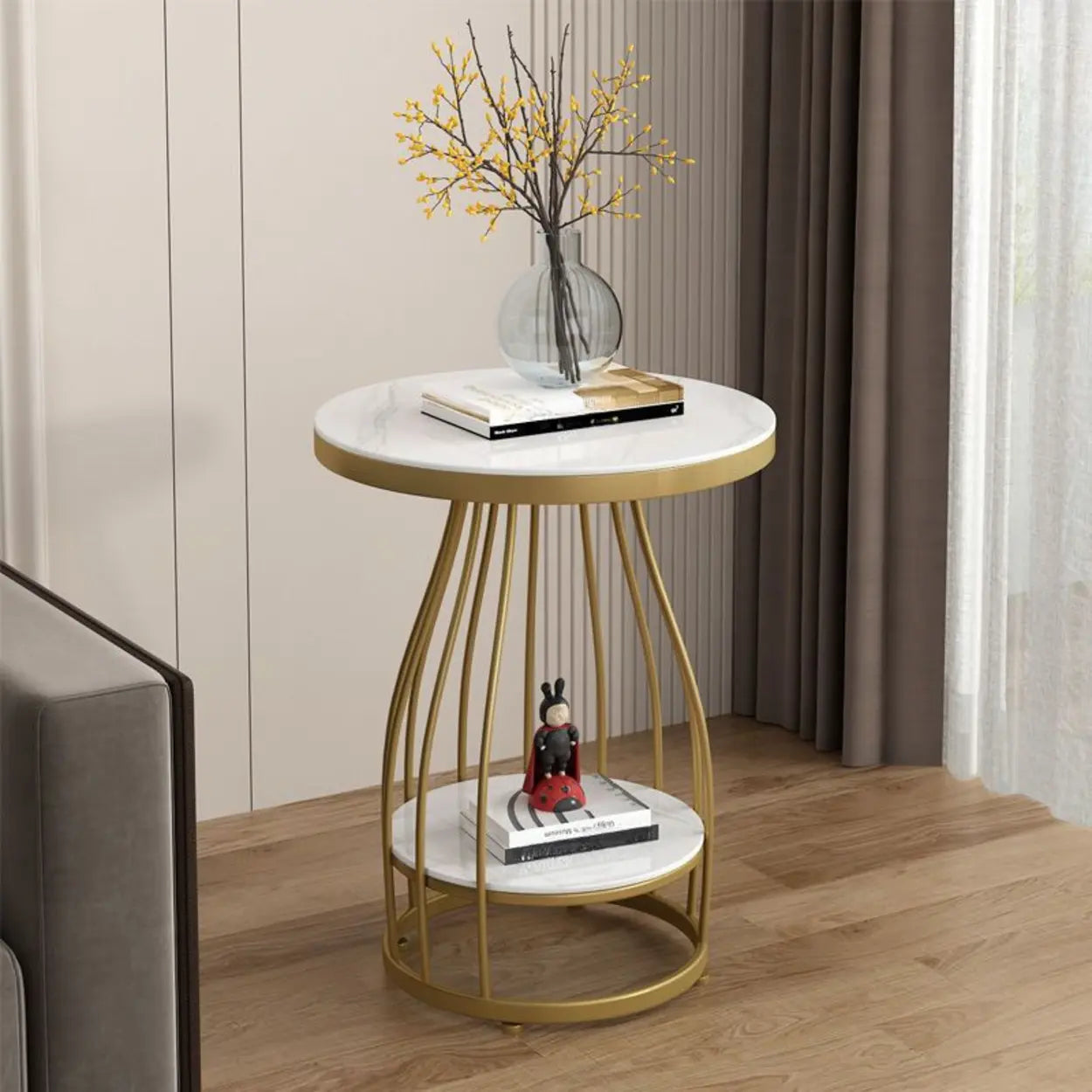 Modern Round Metal Side Table with Shelf
