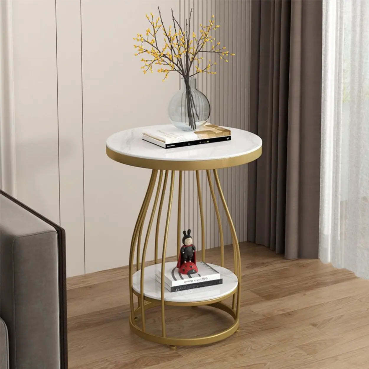 Modern Round Metal Side Table with Shelf
