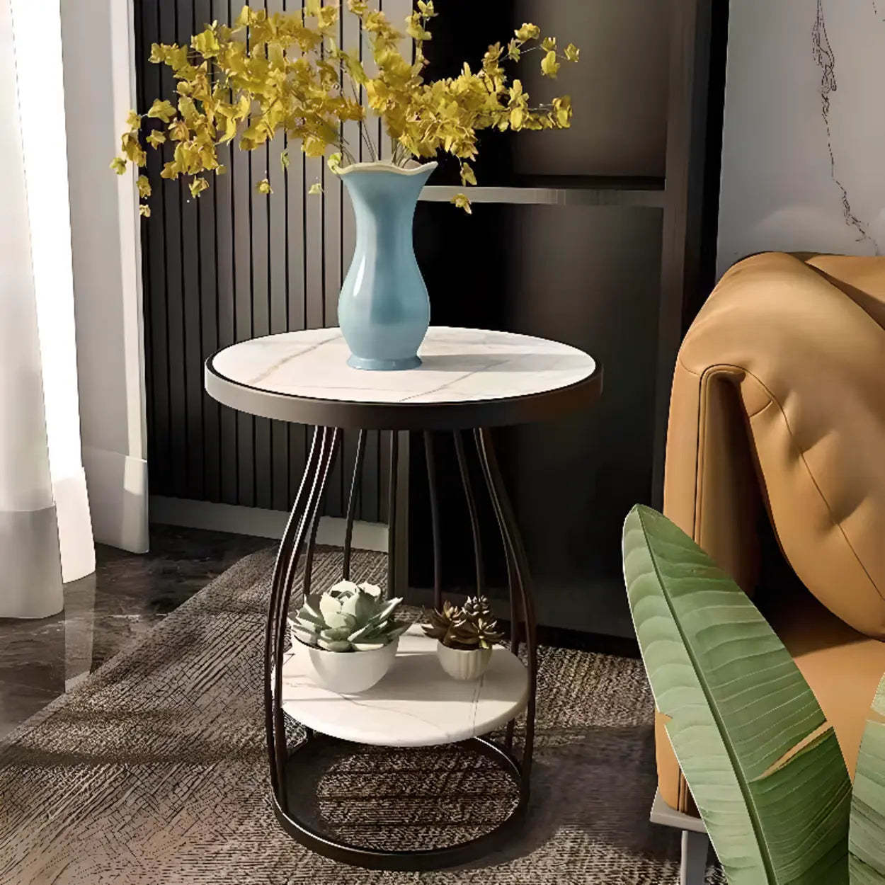 Modern Round Metal Side Table with Shelf — Grey / Gold