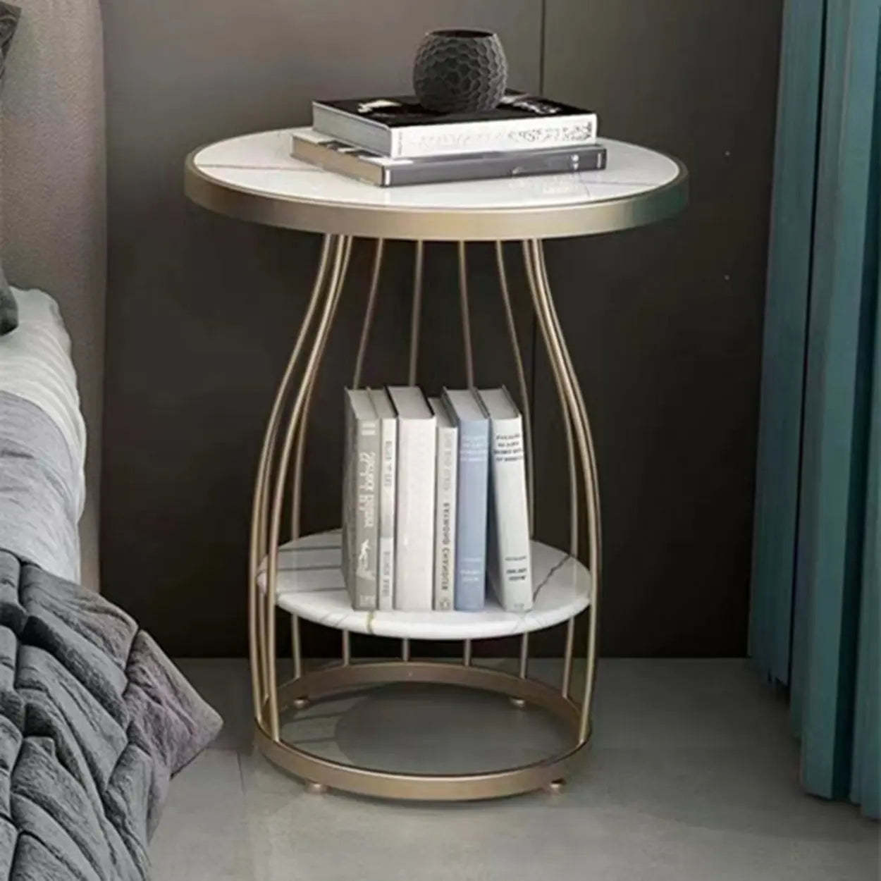 Modern Round Metal Side Table with Shelf — White/ Marbling / Black