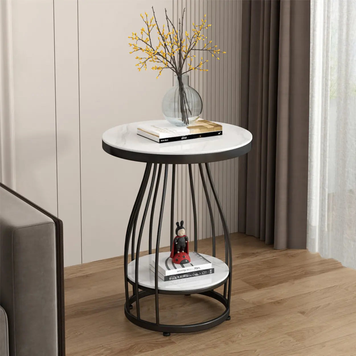 Modern Round Metal Side Table with Shelf — Grey / Gold
