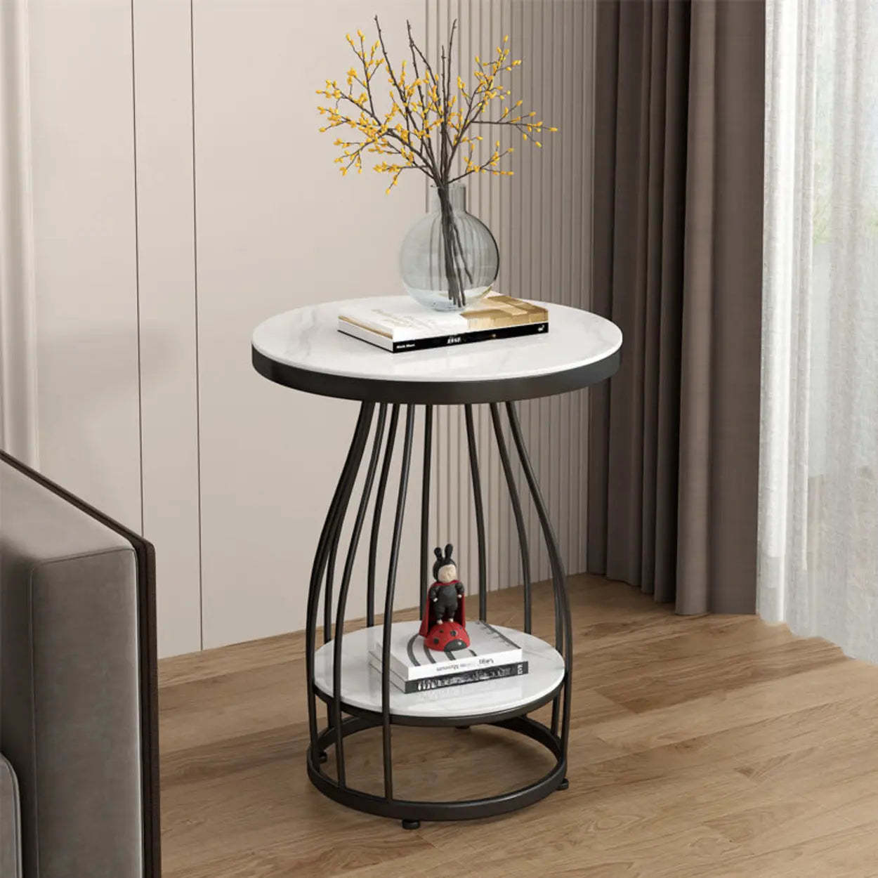 Round Metal Frame Side Table with Shelf
