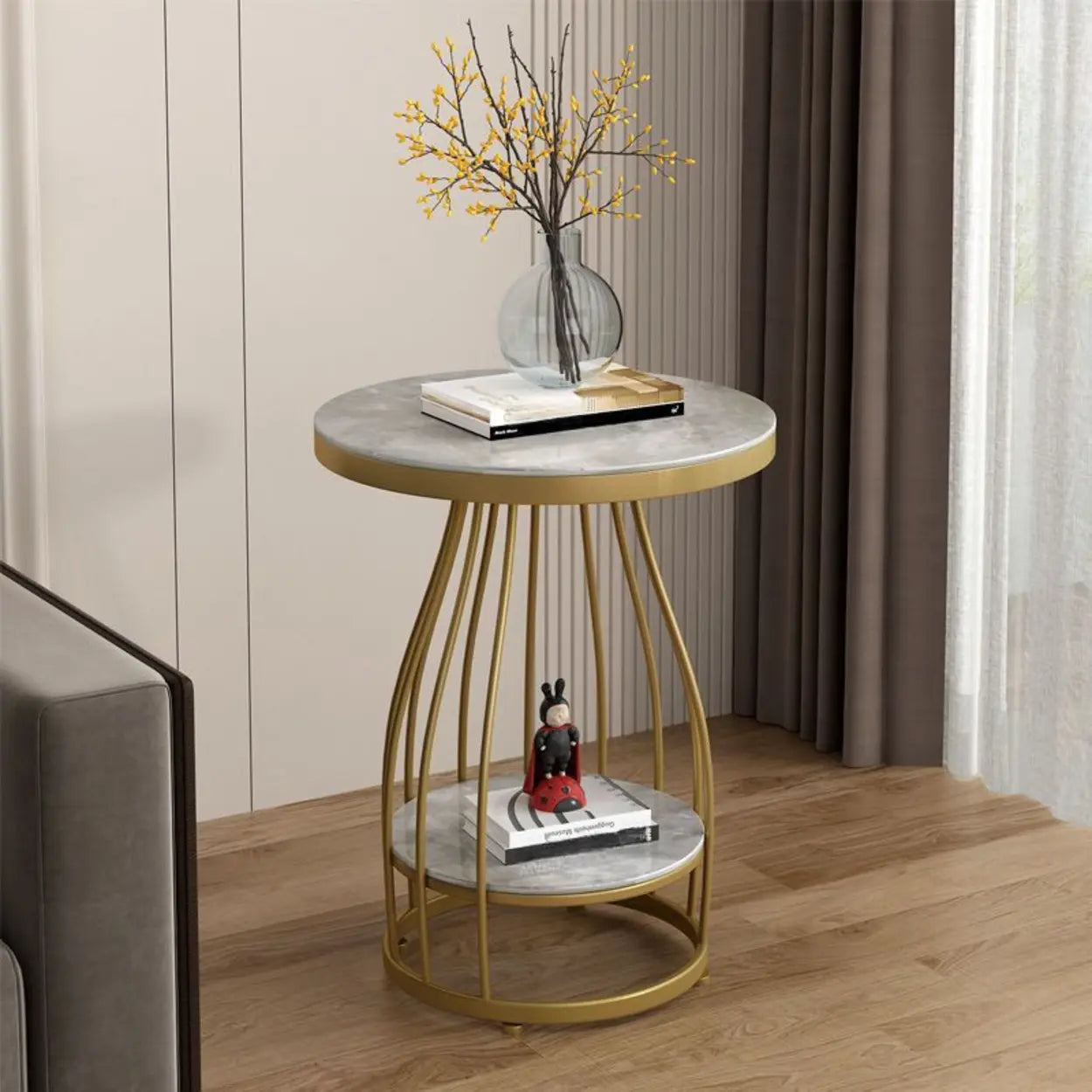 Modern Round Metal Side Table with Shelf — White/ Marbling / Gold