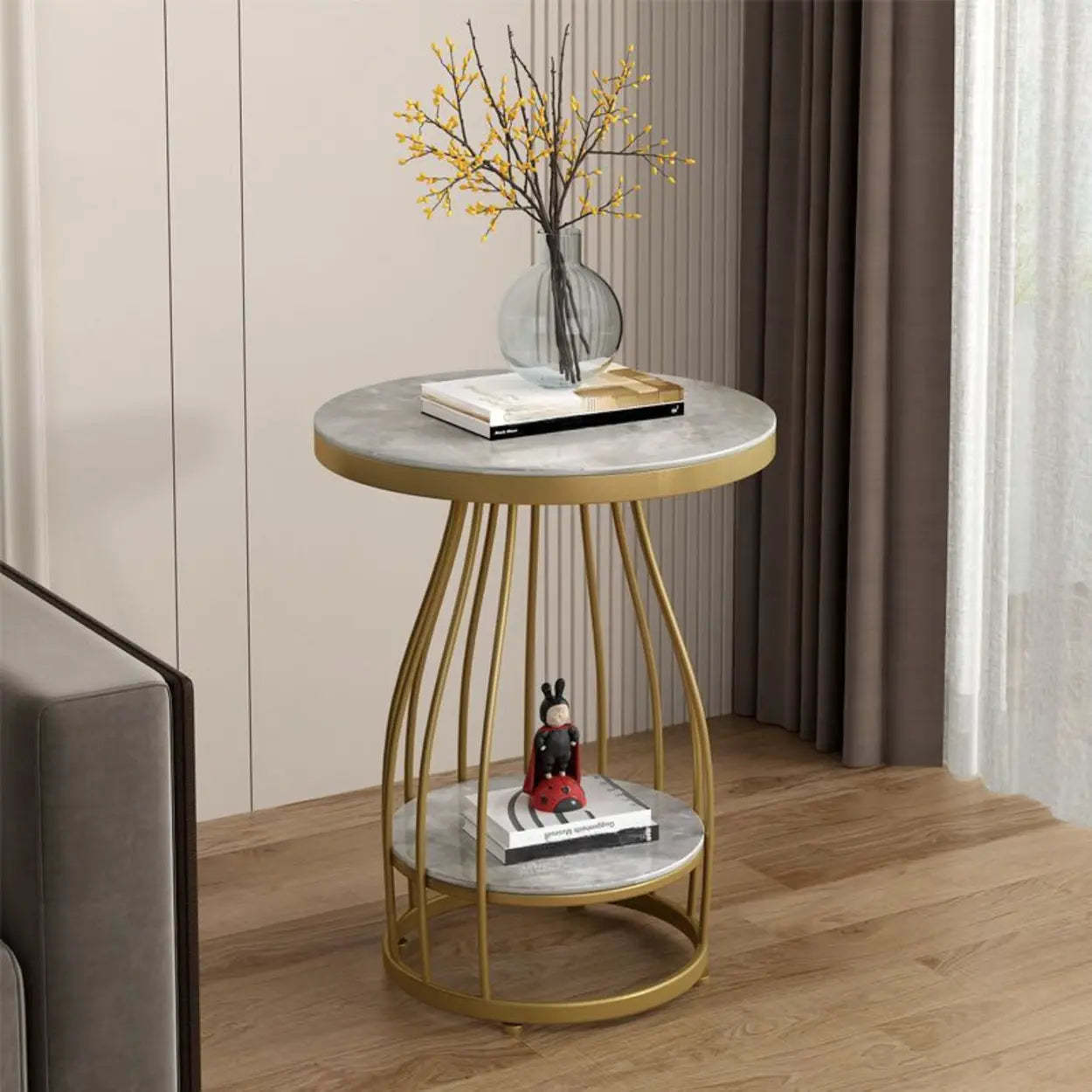Modern Round Metal Side Table with Shelf — White/ Marbling / Gold