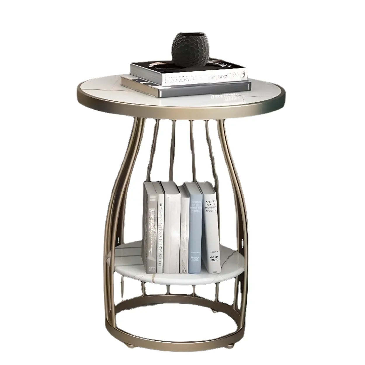 Modern Round Metal Side Table with Shelf — White/ Marbling / Black
