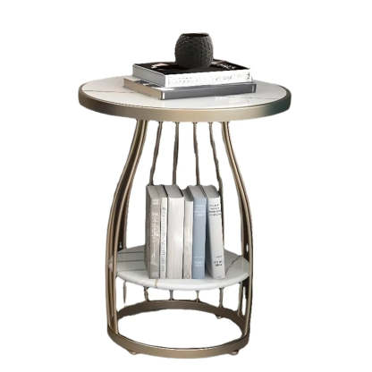 Modern Round Metal Side Table with Shelf — White/ Marbling / Black
