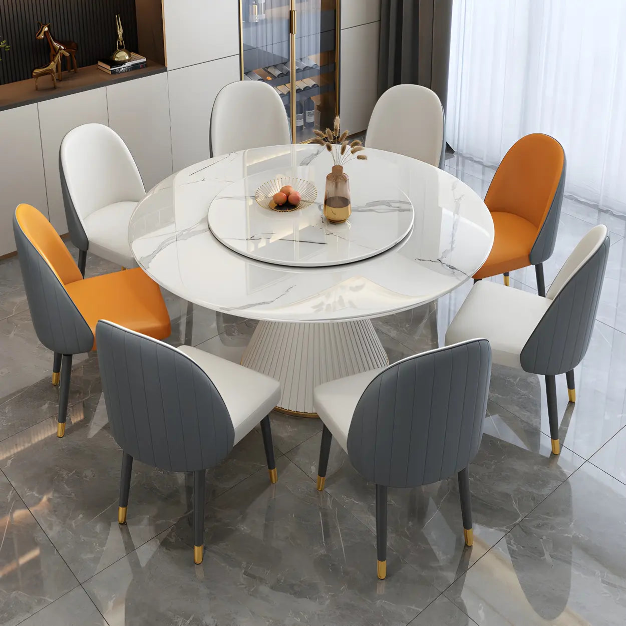 Modern Round White Marble Lazy Susan Dining Table — White / Table Only