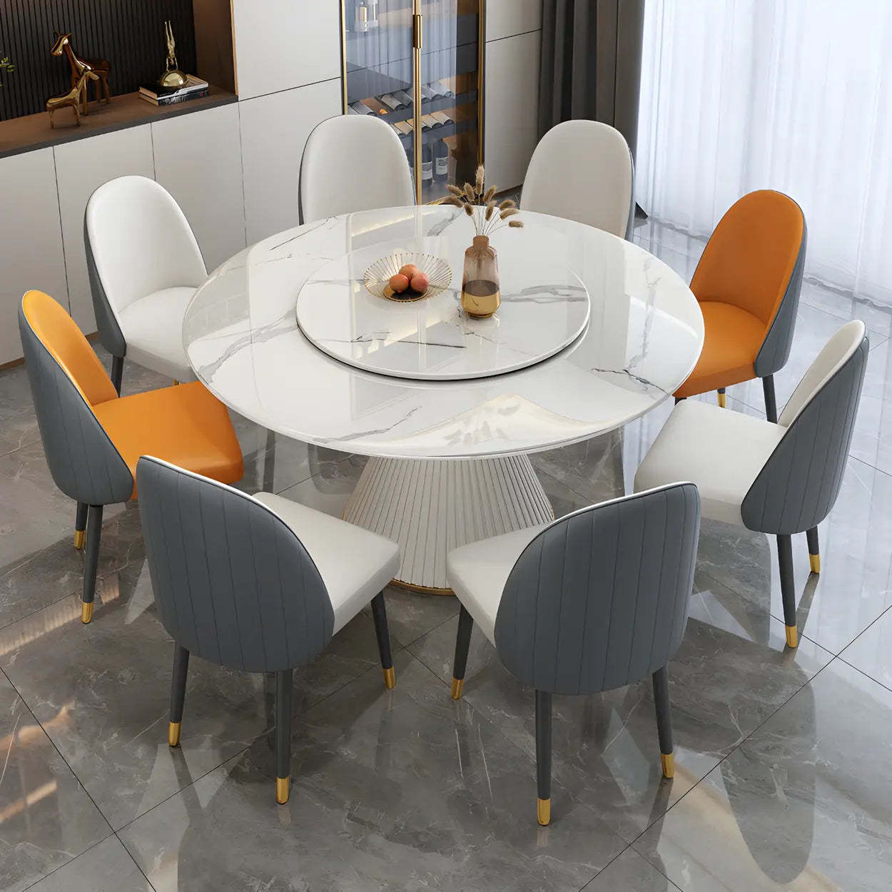 Modern Round White Marble Lazy Susan Dining Table — White / Table Only
