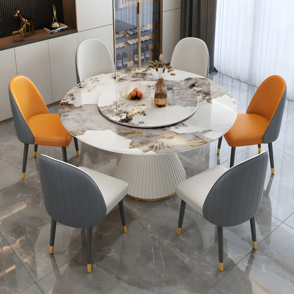 Modern Round White Marble Lazy Susan Dining Table — White / Table Only