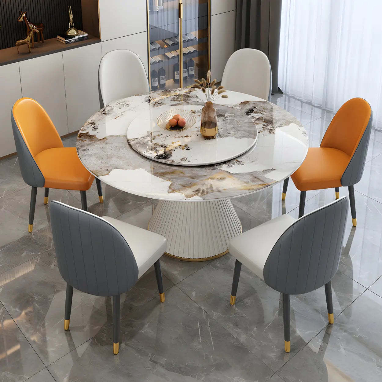 Modern Round White Marble Lazy Susan Dining Table — White / Table Only
