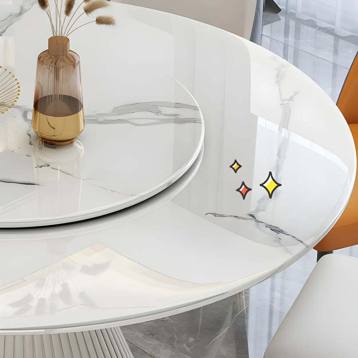 Modern Round White Marble Lazy Susan Dining Table — Pandora Gold / Table Only