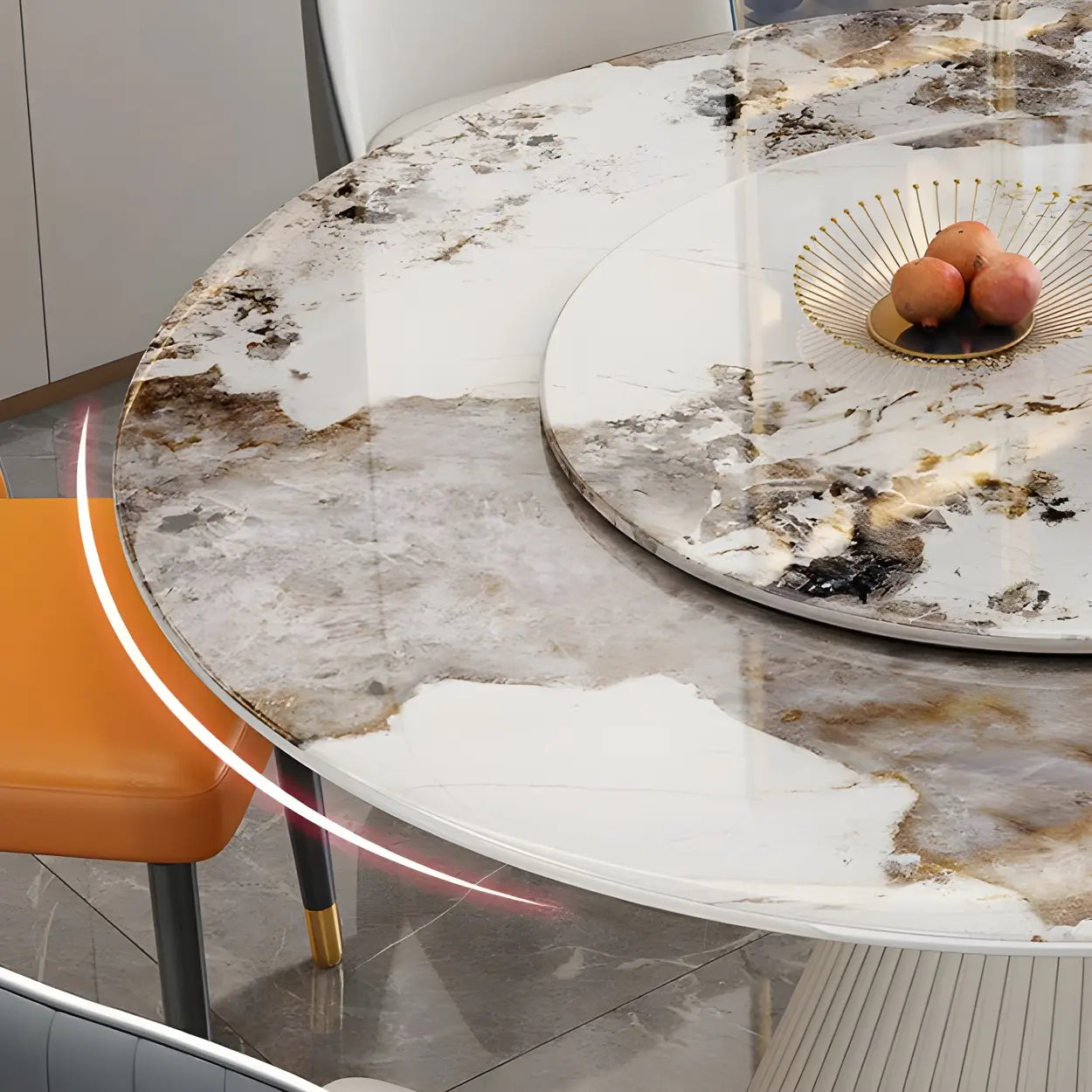 Modern Round White Marble Lazy Susan Dining Table — Pandora Gold / Table Only
