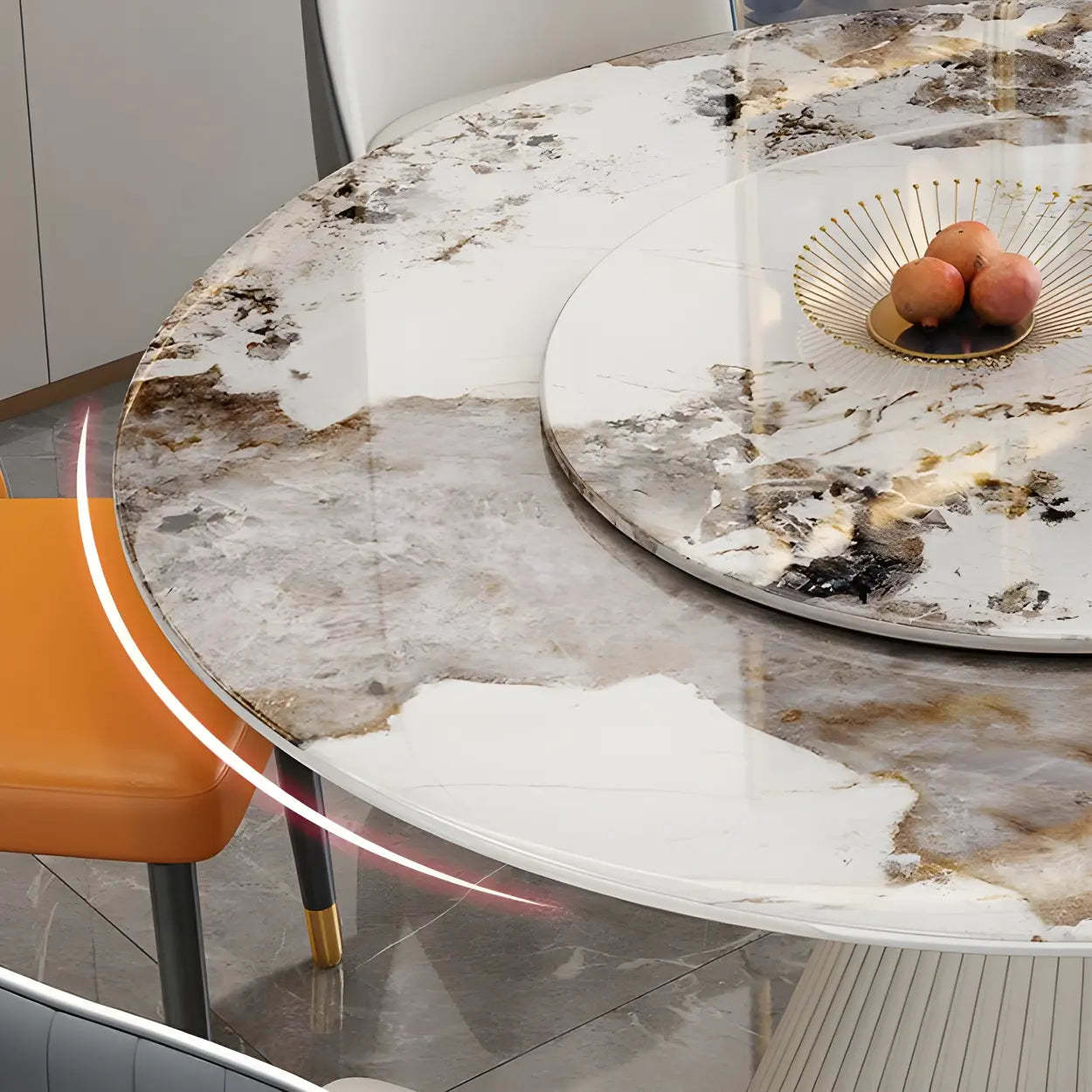 Modern Round White Marble Lazy Susan Dining Table — Pandora Gold / Table Only
