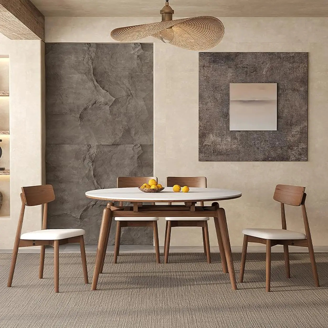 Modern Round White Rubberwood Extendable Dining Table
