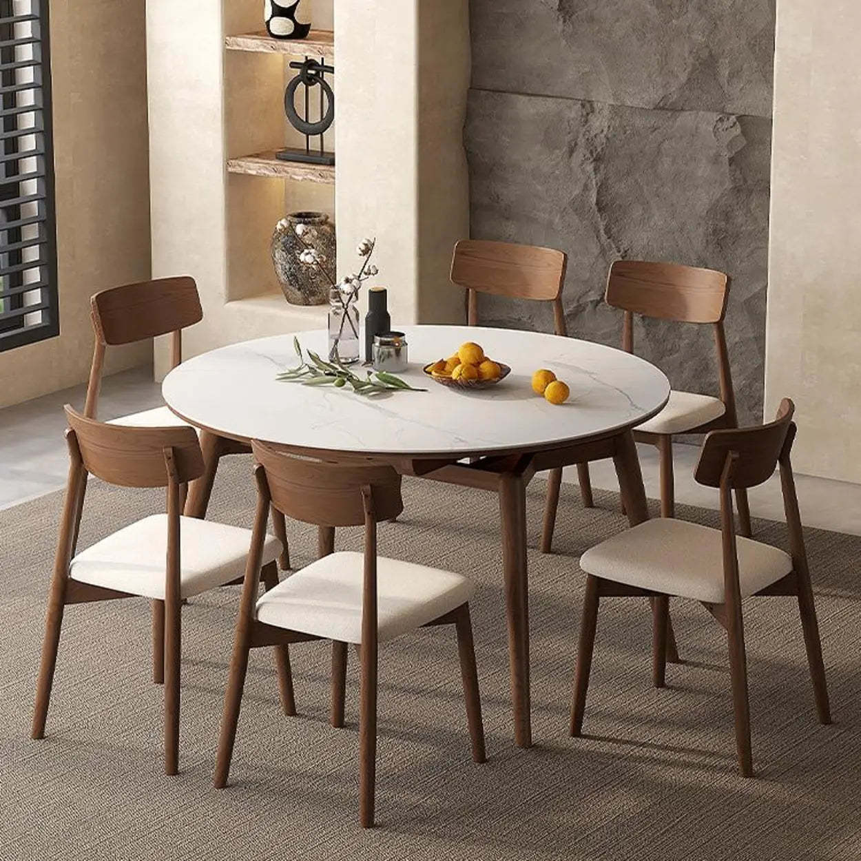 Modern Round White Rubberwood Extendable Dining Table — Table Only