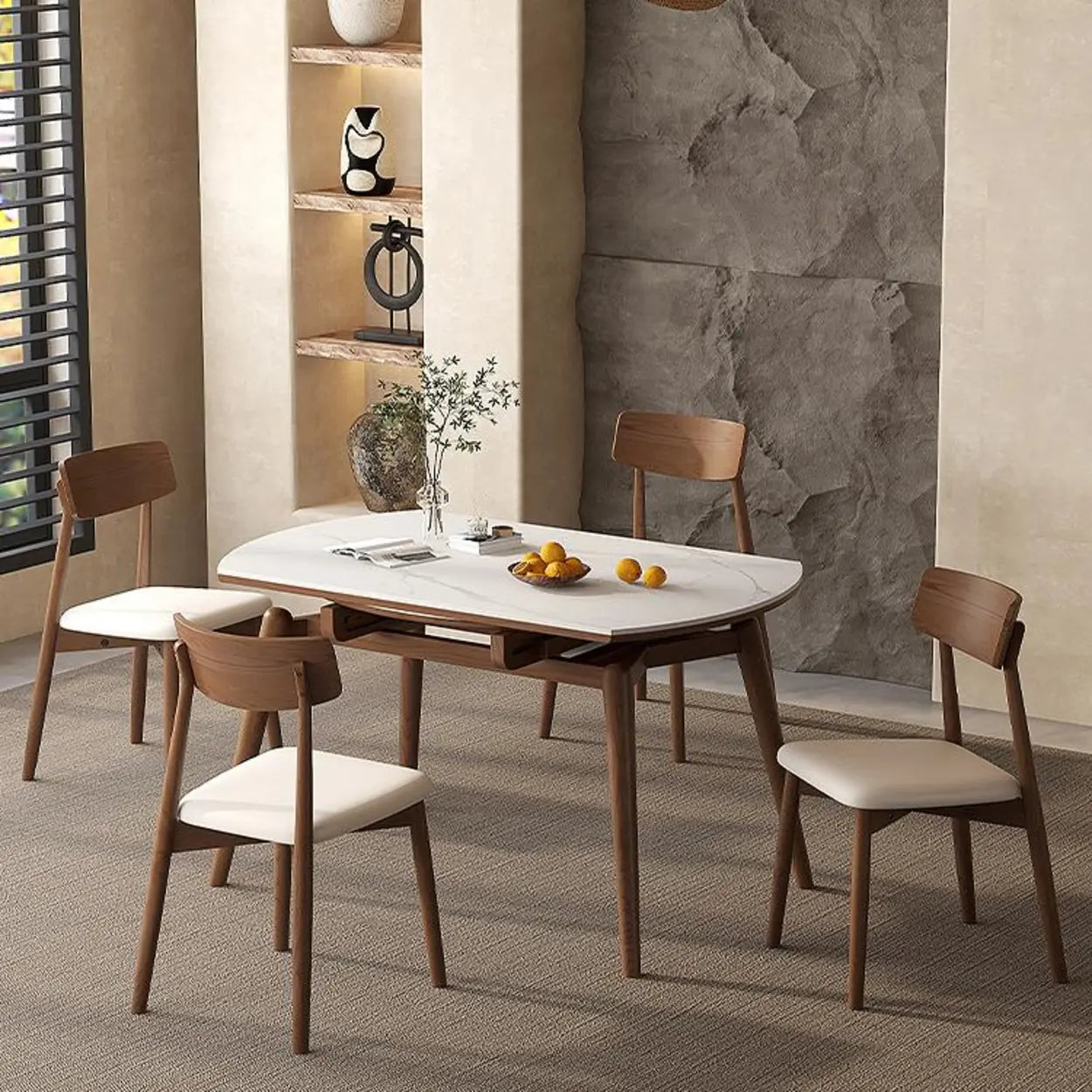 Modern Round White Rubberwood Extendable Dining Table