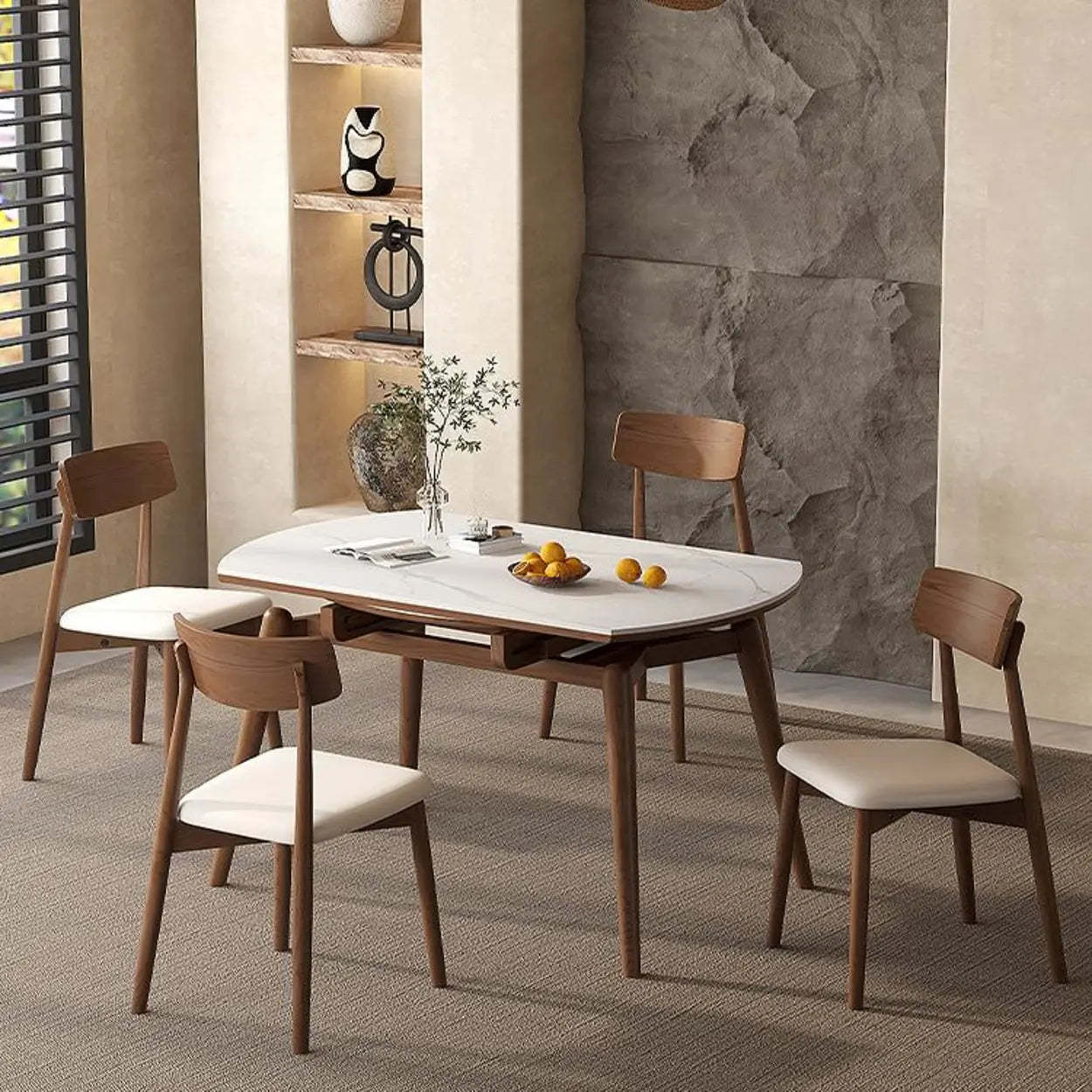 Modern Round White Rubberwood Extendable Dining Table