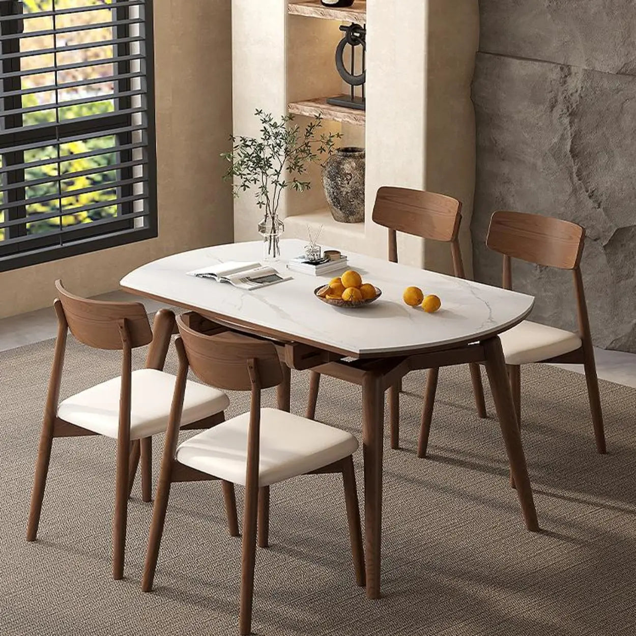 Modern Round White Rubberwood Extendable Dining Table