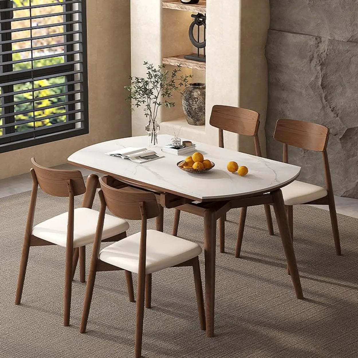 Modern Round White Rubberwood Extendable Dining Table