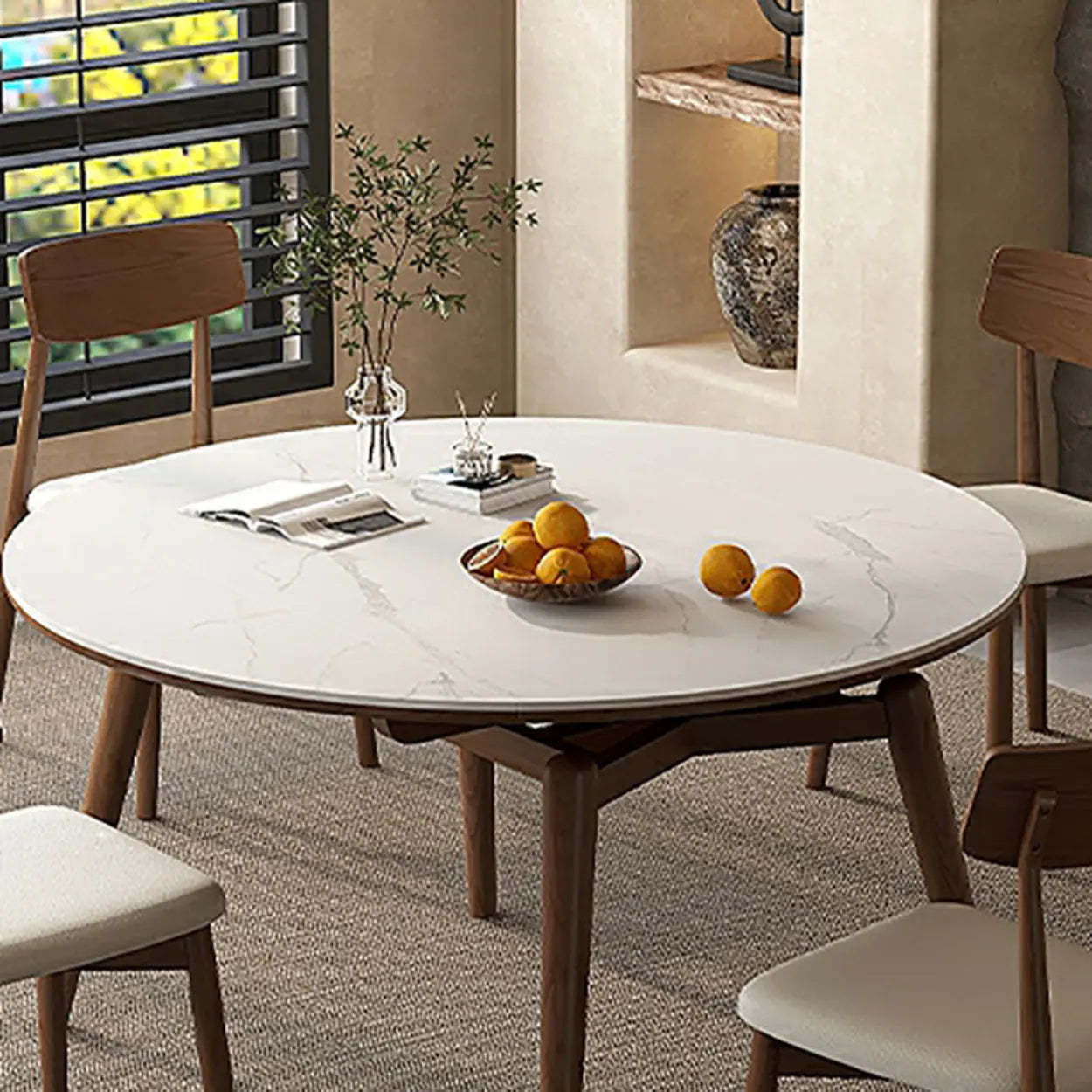 Modern Round White Rubberwood Extendable Dining Table