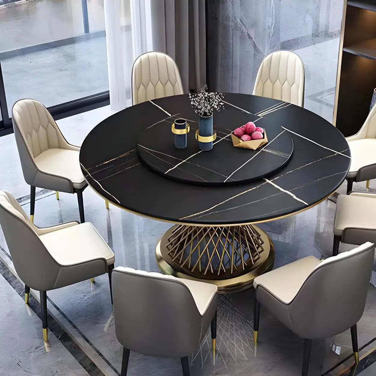 Modern Round Stone Lazy Susan Dining Table — Black / Table Only