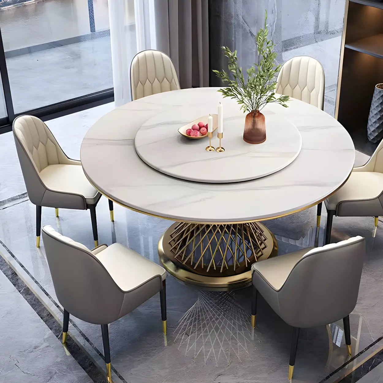 Modern Round Stone Lazy Susan Dining Table — Black / Table Only