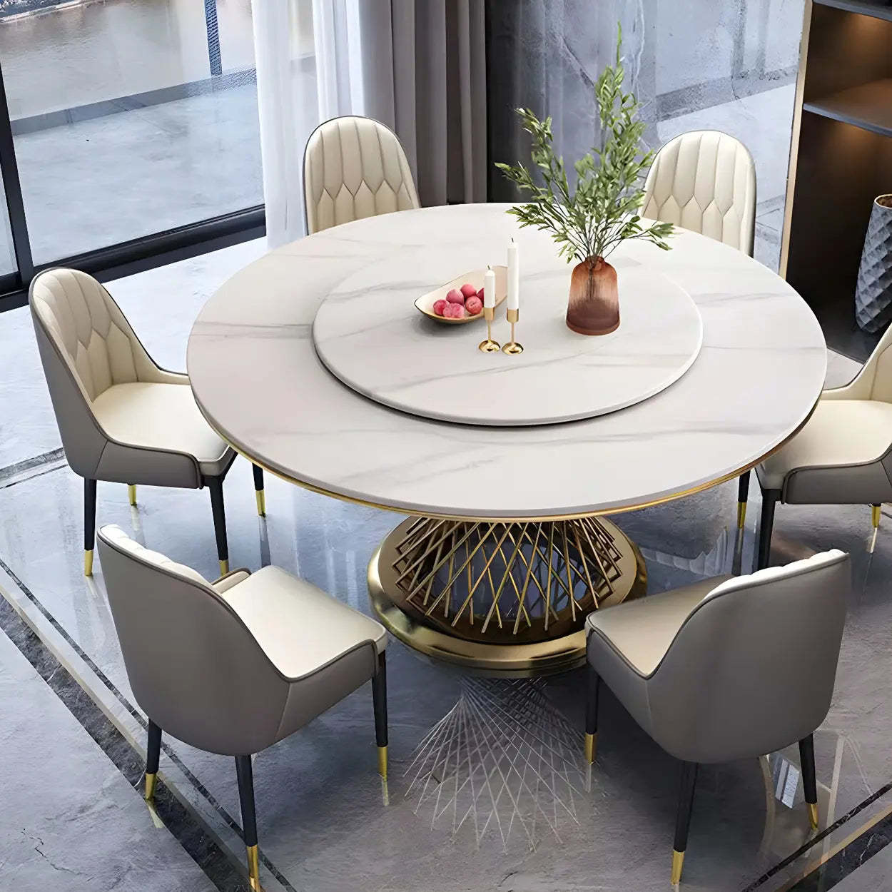 Black modern round lazy dining tables — 29.9" H x 47.2" Dia x 59" L / White