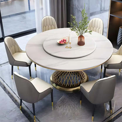 Modern Round Stone Lazy Susan Dining Table — Black / Table Only