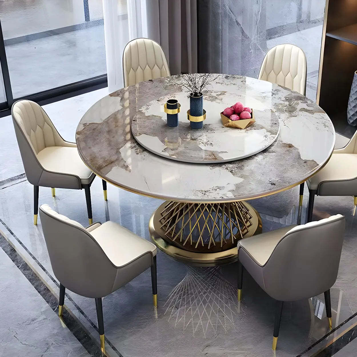 Modern Round Stone Lazy Susan Dining Table — Black / Table Only