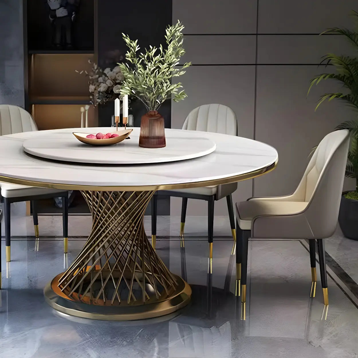Modern Round Stone Lazy Susan Dining Table — Black / Table Only