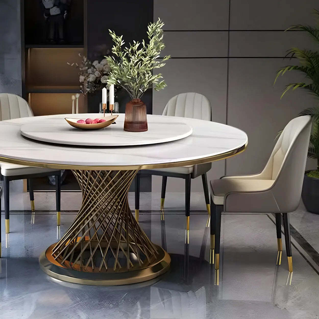 Modern Round Stone Lazy Susan Dining Table — Black / Table Only