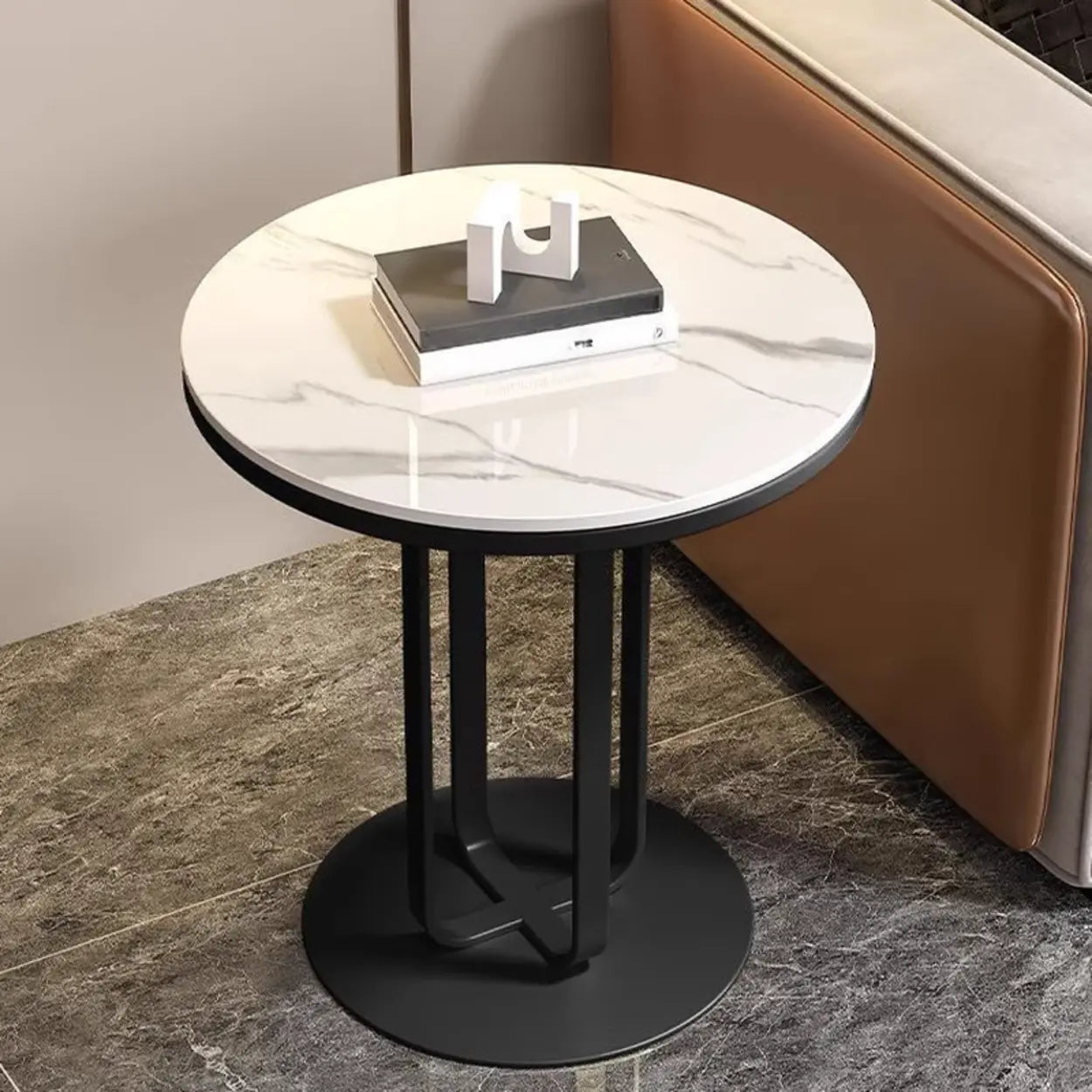 Round Stone-Top Metal Side Table