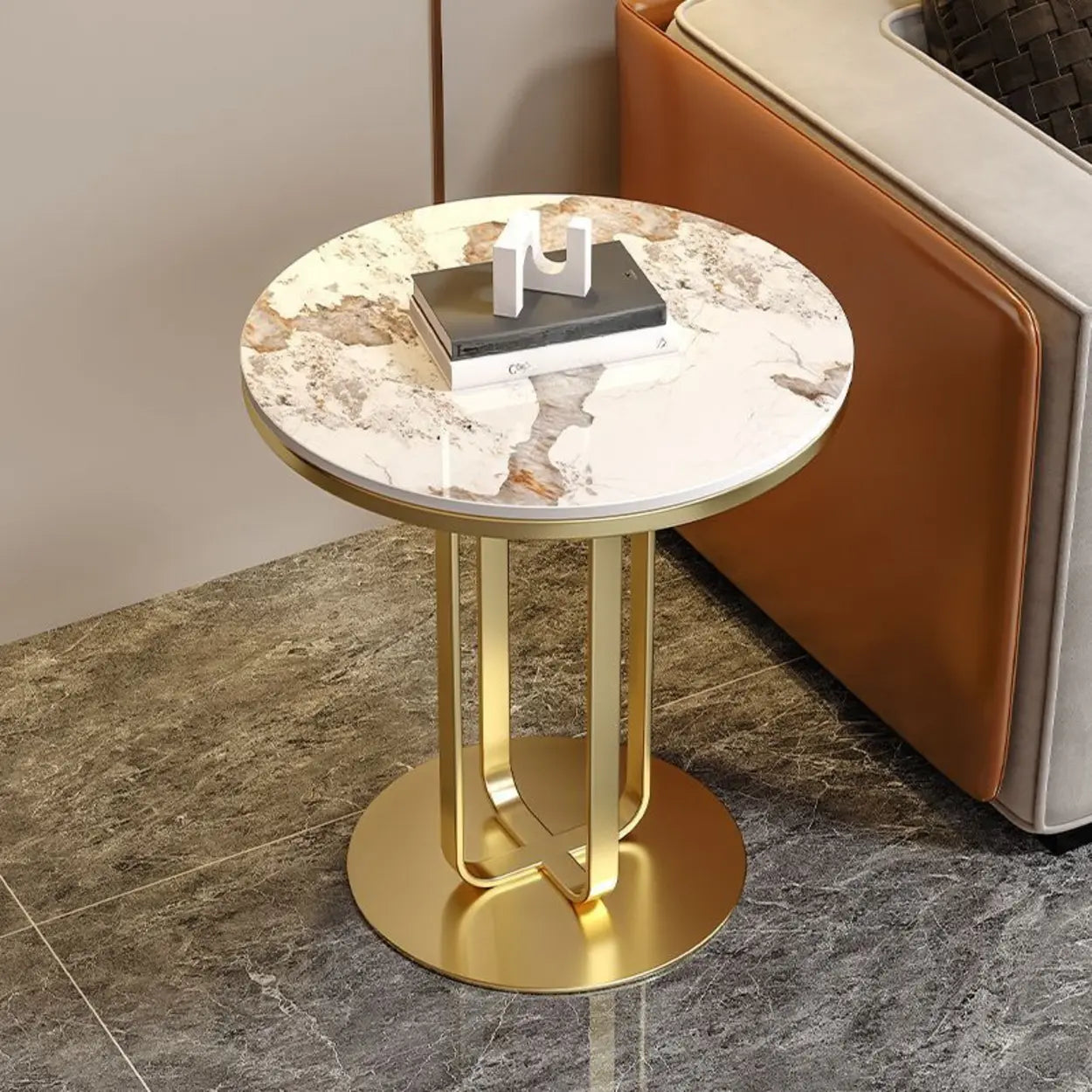 Round Stone-Top Metal Side Table