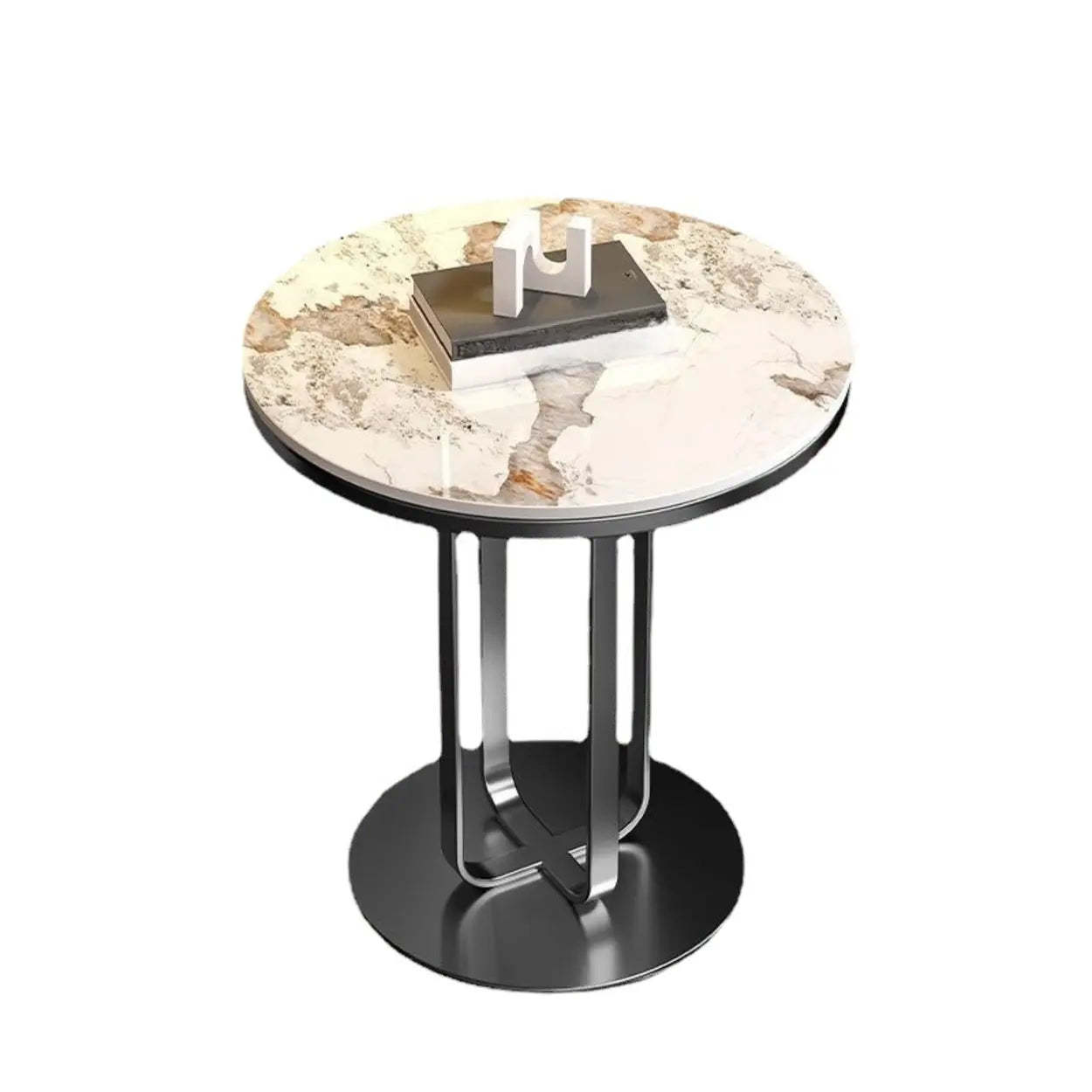 Round Stone-Top Metal Side Table