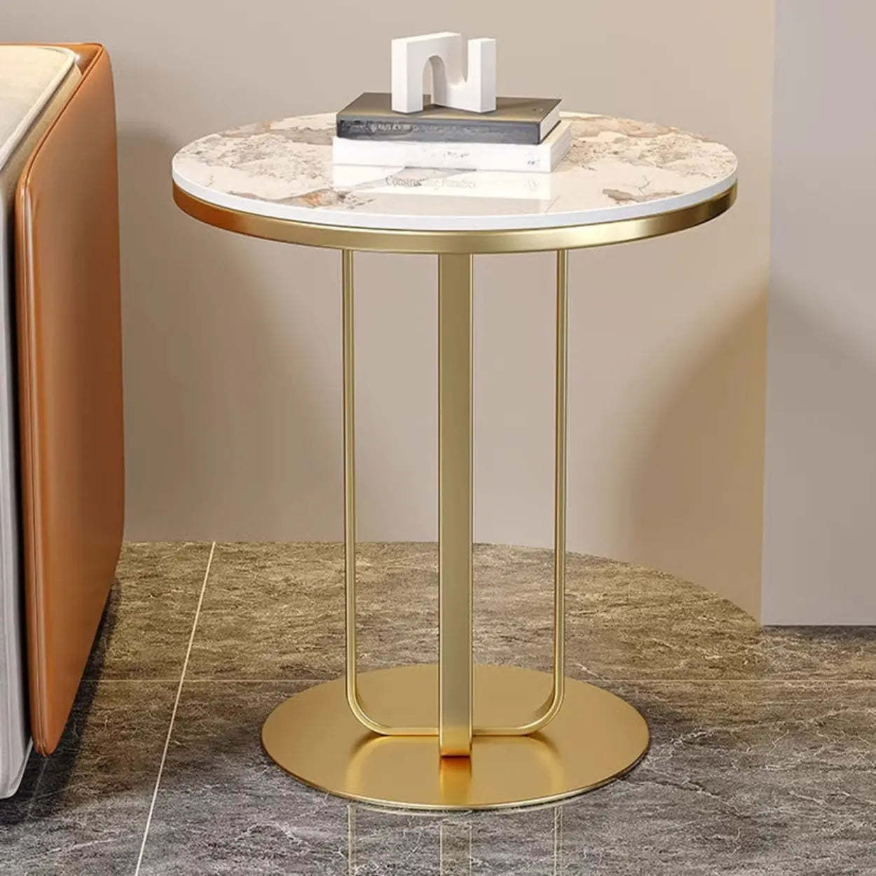 Round Stone-Top Metal Side Table