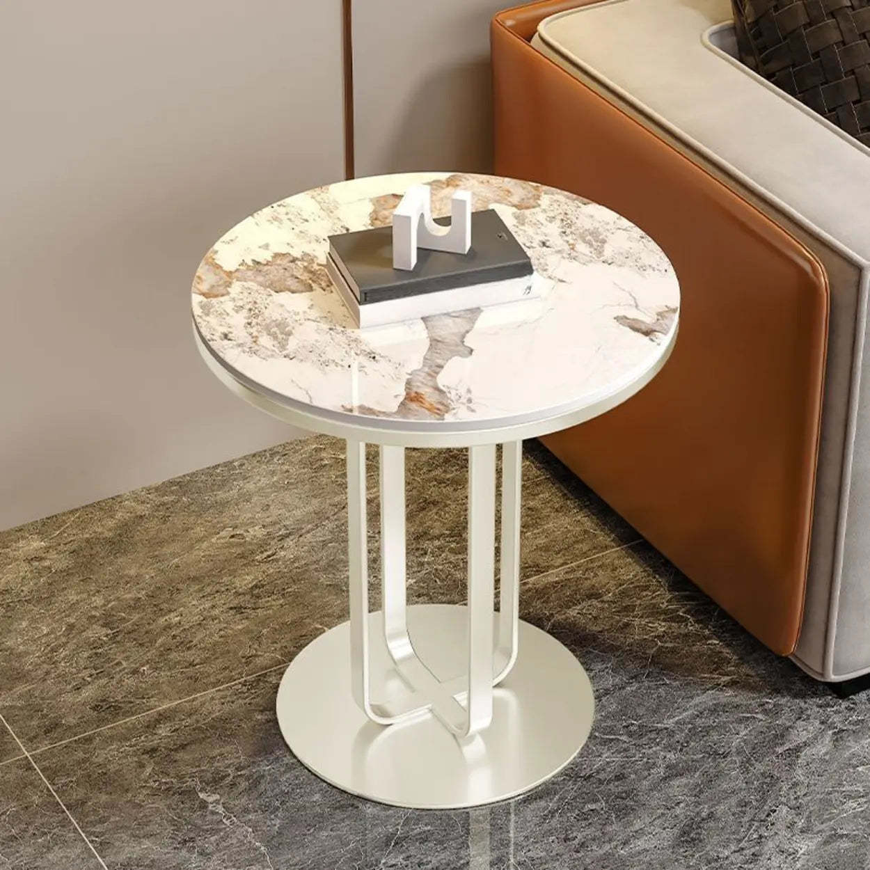 Round Stone-Top Metal Side Table