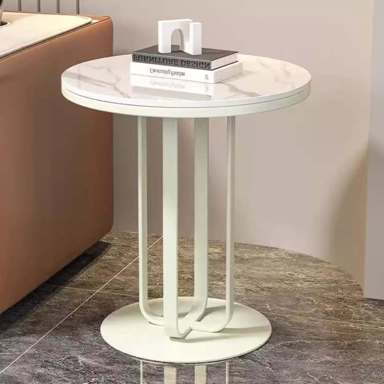 Round Stone-Top Metal Side Table