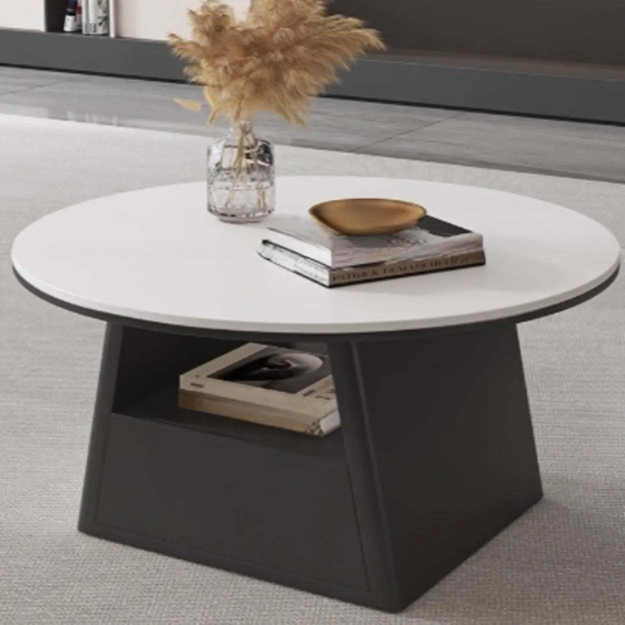 Modern Round Stone Coffee Table with Drawer — Matte White