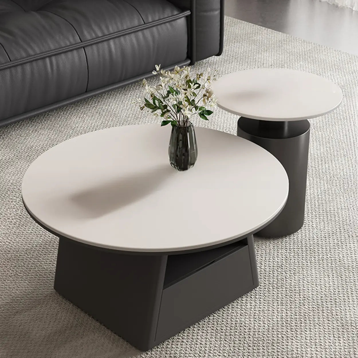 Modern Round Stone Coffee Table with Drawer — White